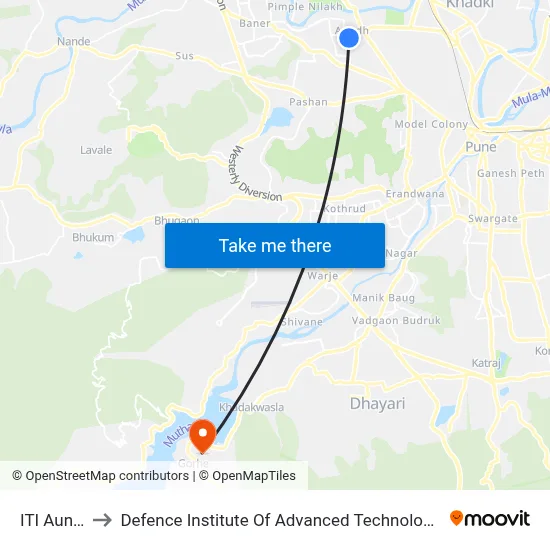 ITI Aundh to Defence Institute Of Advanced Technology Diat map