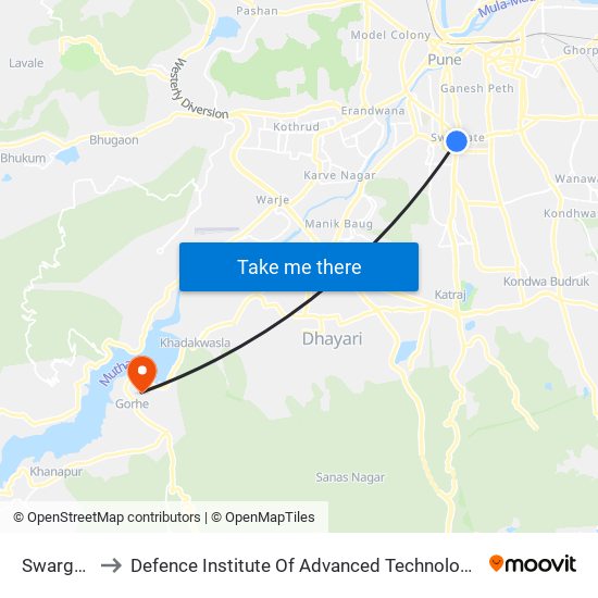 Swargate to Defence Institute Of Advanced Technology Diat map