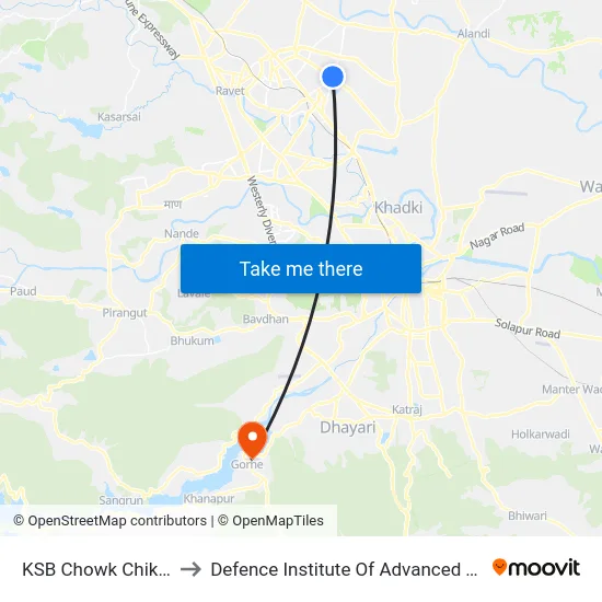 KSB Chowk Chikhali Road to Defence Institute Of Advanced Technology Diat map