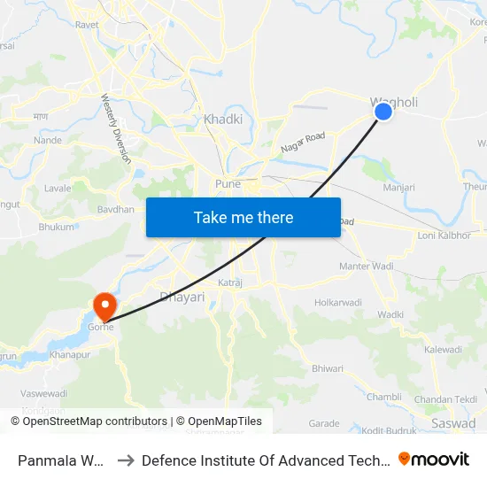Panmala Wagholi to Defence Institute Of Advanced Technology Diat map