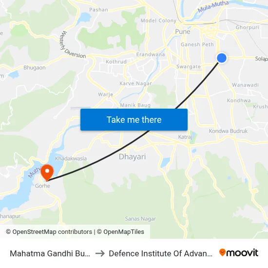Mahatma Gandhi Bus Stand Pulgate to Defence Institute Of Advanced Technology Diat map
