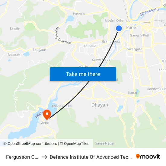 Fergusson College to Defence Institute Of Advanced Technology Diat map