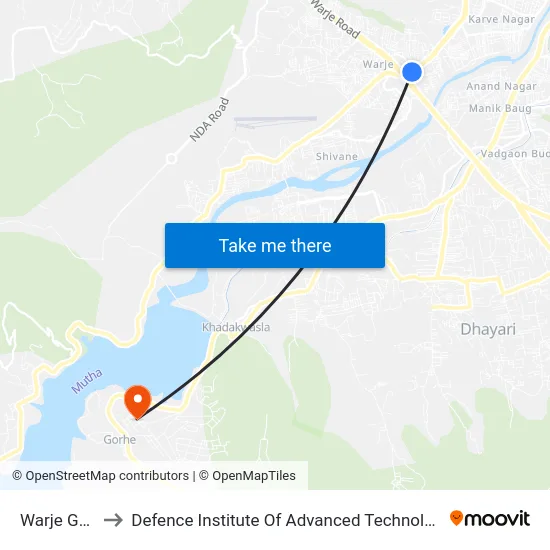 Warje Gaon to Defence Institute Of Advanced Technology Diat map
