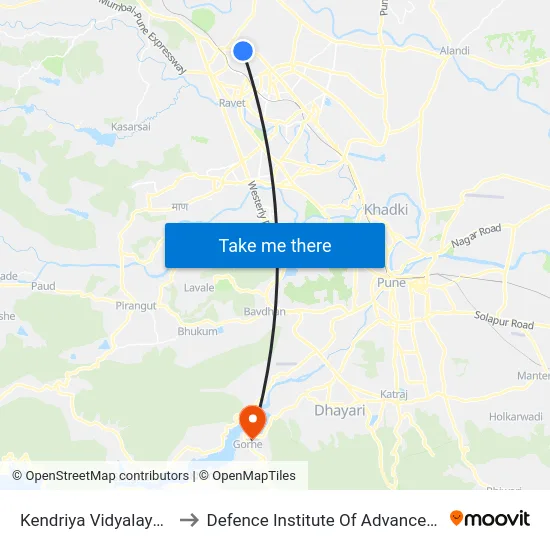 Kendriya Vidyalaya Dehu Road to Defence Institute Of Advanced Technology Diat map