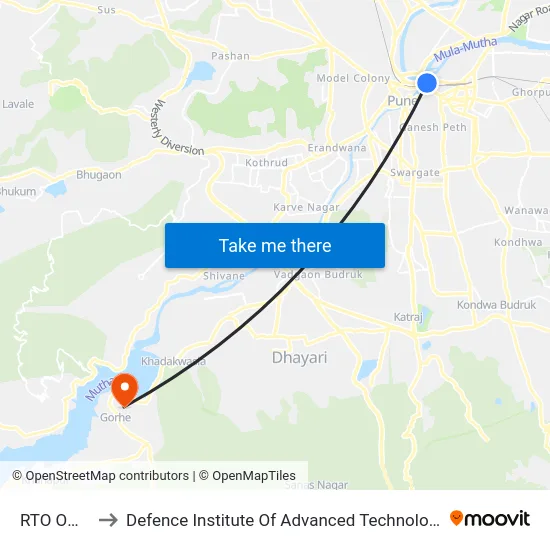 RTO Office to Defence Institute Of Advanced Technology Diat map