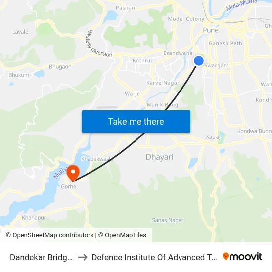 Dandekar Bridge Corner to Defence Institute Of Advanced Technology Diat map