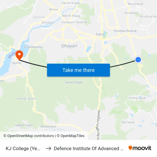 KJ College (Yewalewadi) to Defence Institute Of Advanced Technology Diat map