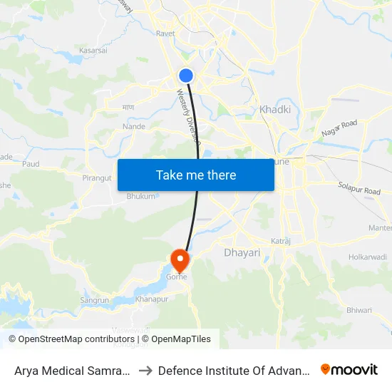 Arya Medical Samrat Chowk Wakad to Defence Institute Of Advanced Technology Diat map