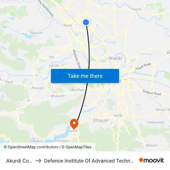 Akurdi Corner to Defence Institute Of Advanced Technology Diat map