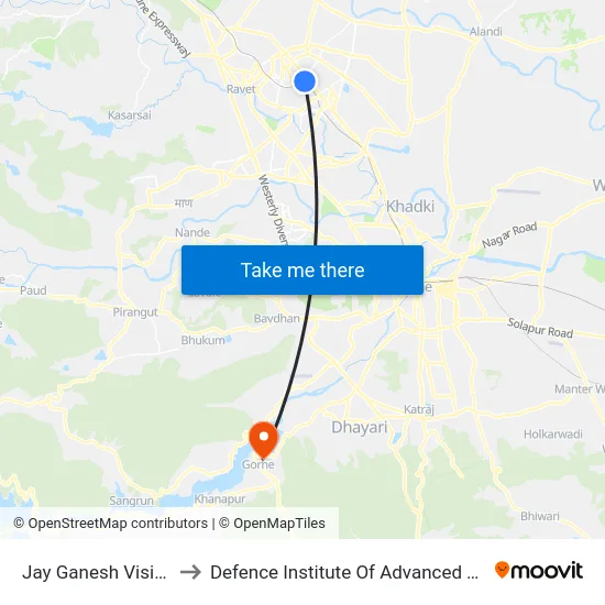 Jay Ganesh Vision Akurdi to Defence Institute Of Advanced Technology Diat map