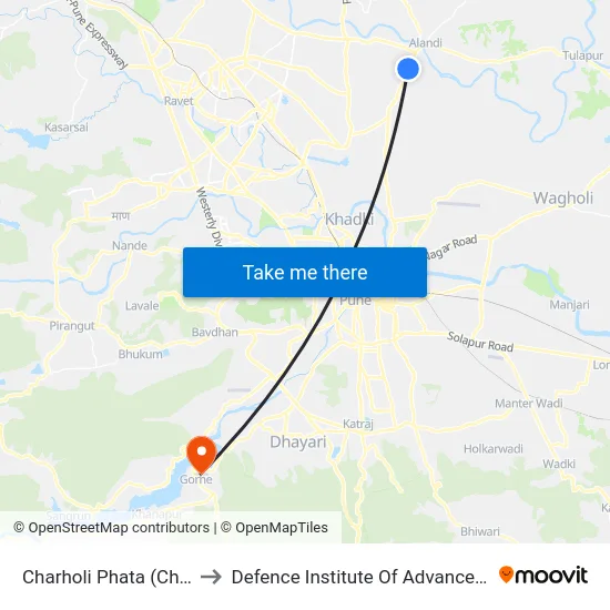 Charholi Phata (Charholi Road) to Defence Institute Of Advanced Technology Diat map