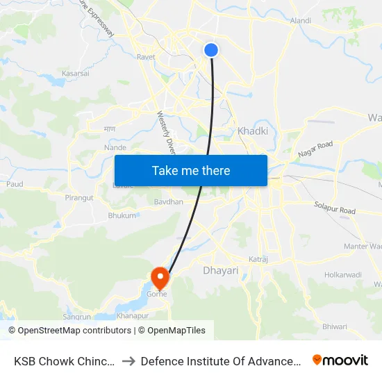 KSB Chowk Chinchwad Road to Defence Institute Of Advanced Technology Diat map