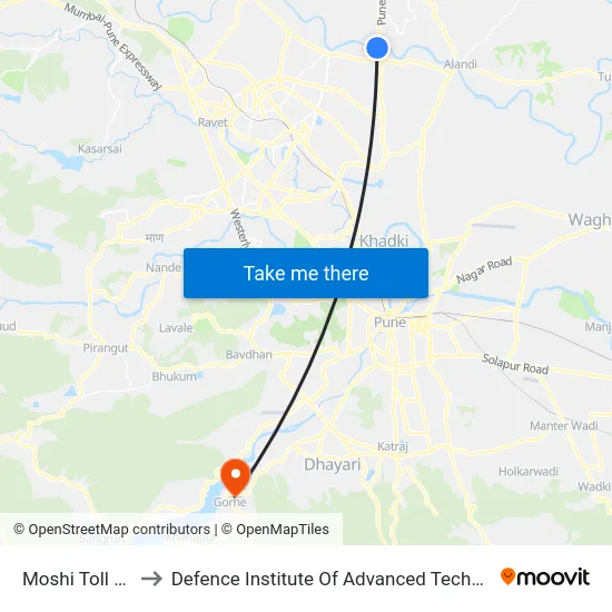 Moshi Toll Naka to Defence Institute Of Advanced Technology Diat map