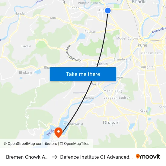 Bremen Chowk Aundh Road to Defence Institute Of Advanced Technology Diat map