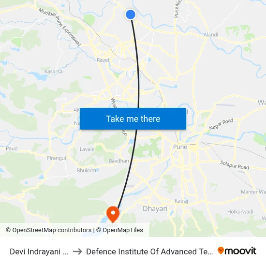 Devi Indrayani Society to Defence Institute Of Advanced Technology Diat map