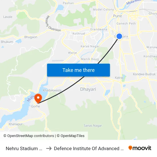 Nehru Stadium Swargate to Defence Institute Of Advanced Technology Diat map