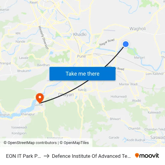 EON IT Park Phase 2 to Defence Institute Of Advanced Technology Diat map