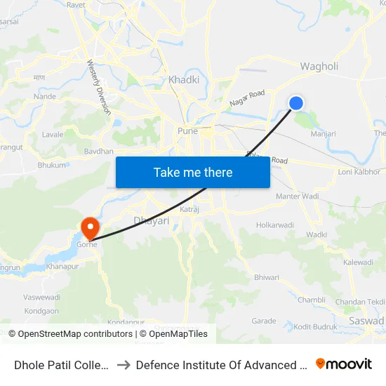 Dhole Patil College Chowk to Defence Institute Of Advanced Technology Diat map