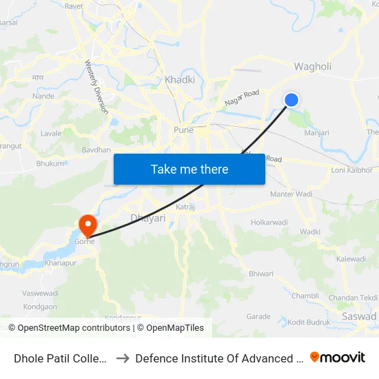 Dhole Patil College Kharadi to Defence Institute Of Advanced Technology Diat map