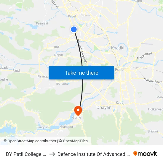 DY Patil College Punawale to Defence Institute Of Advanced Technology Diat map