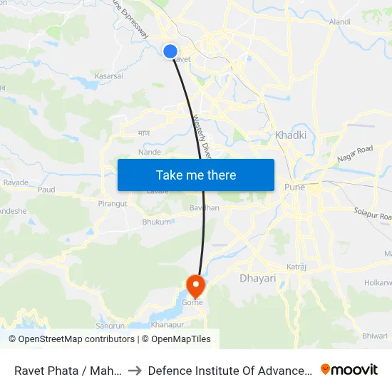 Ravet Phata / Mahadev Corner to Defence Institute Of Advanced Technology Diat map