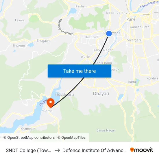 SNDT College (Towards SB Road) to Defence Institute Of Advanced Technology Diat map