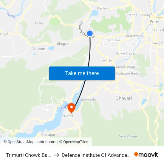 Trimurti Chowk Bavdhan Road to Defence Institute Of Advanced Technology Diat map