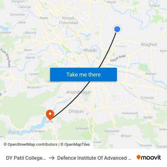 DY Patil College Charholi to Defence Institute Of Advanced Technology Diat map