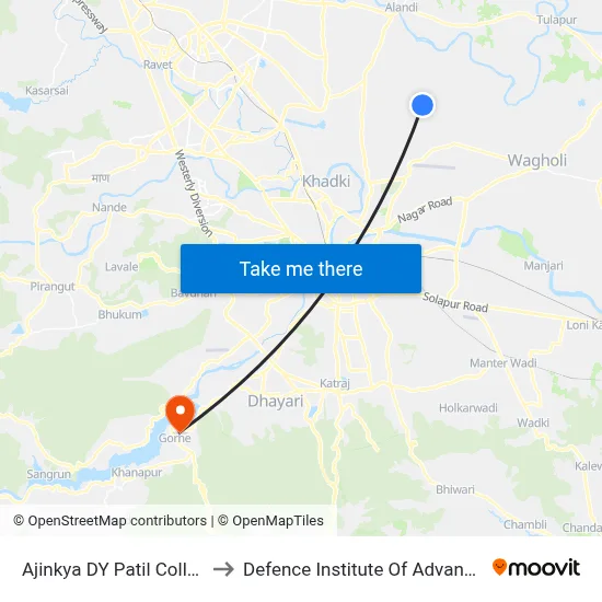 Ajinkya DY Patil College (Lohegaon) to Defence Institute Of Advanced Technology Diat map