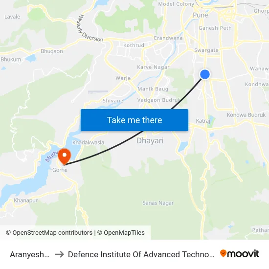 Aranyeshwar to Defence Institute Of Advanced Technology Diat map