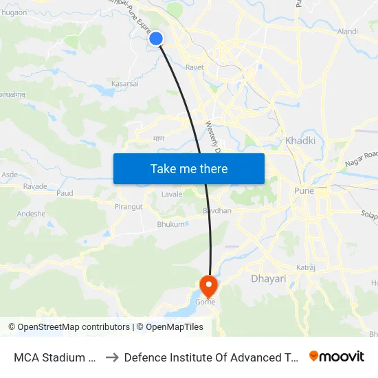 MCA Stadium Gahunje to Defence Institute Of Advanced Technology Diat map