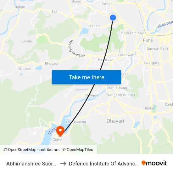 Abhimanshree Society Baner Road to Defence Institute Of Advanced Technology Diat map