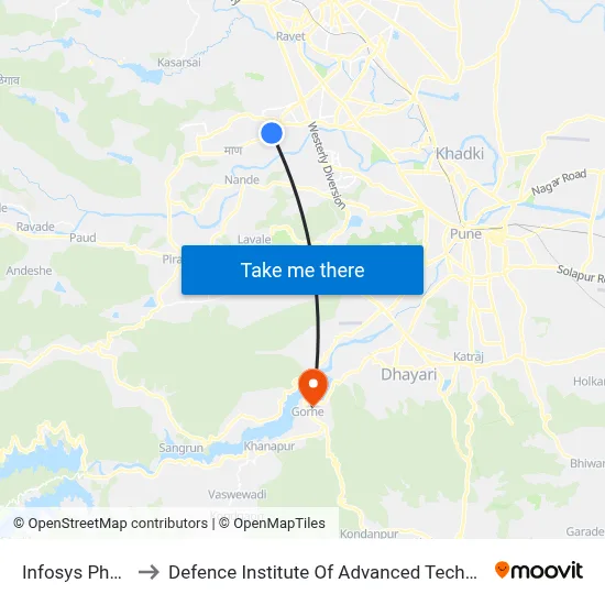 Infosys Phase 1 to Defence Institute Of Advanced Technology Diat map