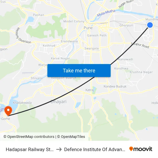 Hadapsar Railway Station Mundhwa to Defence Institute Of Advanced Technology Diat map