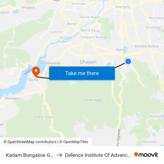 Kadam Bungalow Gujarwadi Road to Defence Institute Of Advanced Technology Diat map