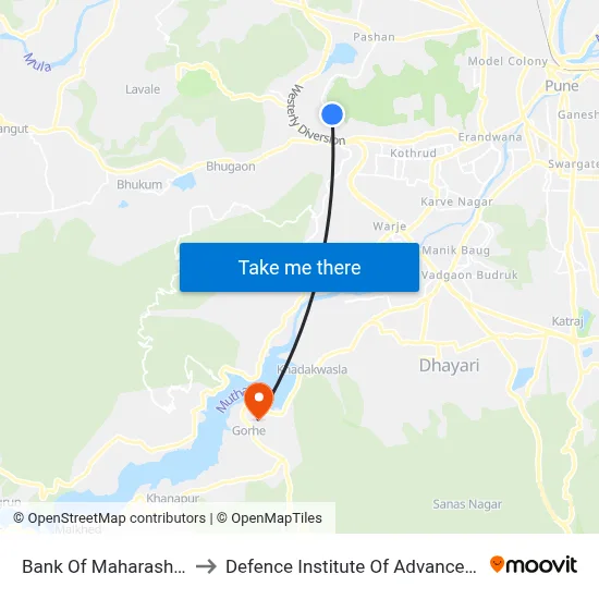 Bank Of Maharashtra Bavdhan to Defence Institute Of Advanced Technology Diat map