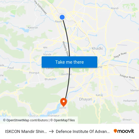 ISKCON Mandir Shinde Wasti Ravet to Defence Institute Of Advanced Technology Diat map