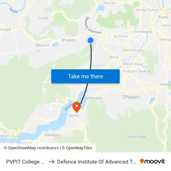 PVPIT College Bavdhan to Defence Institute Of Advanced Technology Diat map