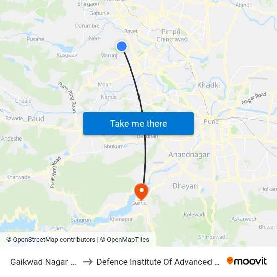 Gaikwad Nagar Punawale to Defence Institute Of Advanced Technology Diat map