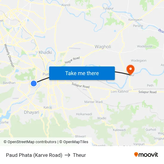 Paud Phata (Karve Road) to Theur map