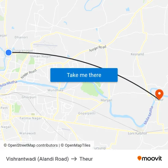 Vishrantwadi (Alandi Road) to Theur map