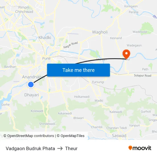 Vadgaon Budruk Phata to Theur map