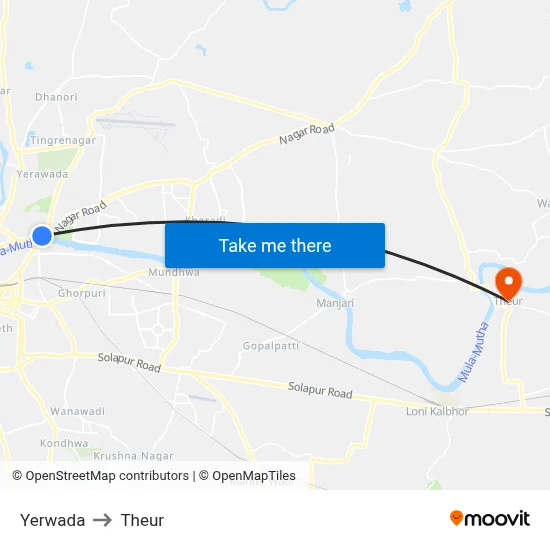Yerwada to Theur map