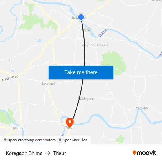 Koregaon Bhima to Theur map