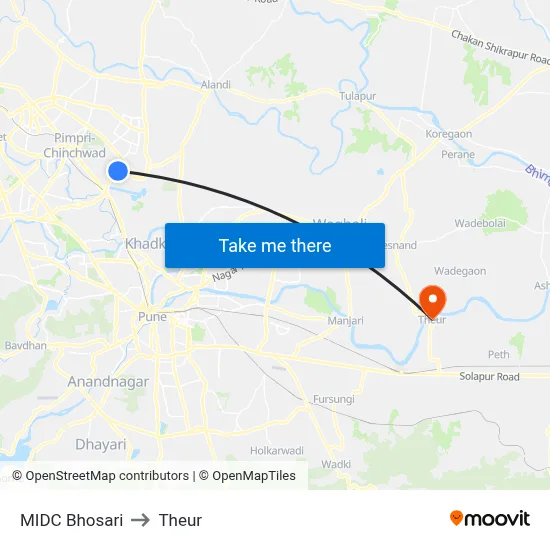 MIDC Bhosari to Theur map