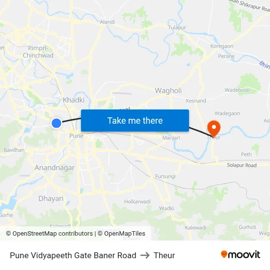 Pune Vidyapeeth Gate Baner Road to Theur map