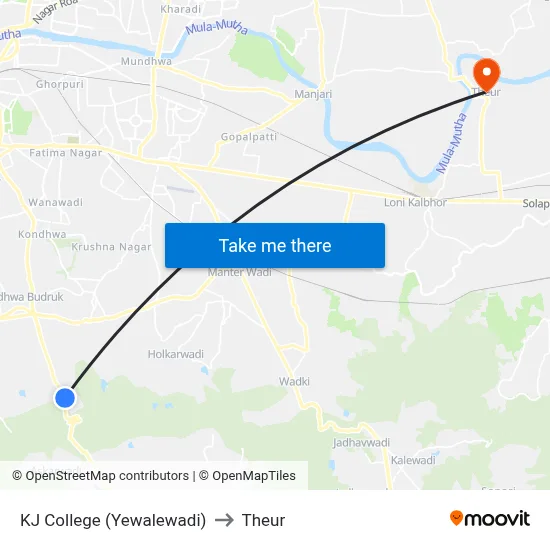 KJ College (Yewalewadi) to Theur map