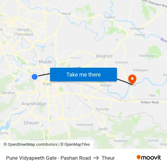 Pune Vidyapeeth Gate - Pashan Road to Theur map