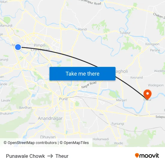 Punawale Chowk to Theur map