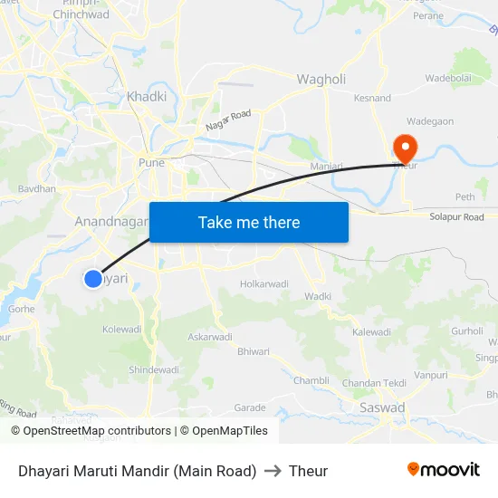 Dhayari Maruti Mandir (Main Road) to Theur map